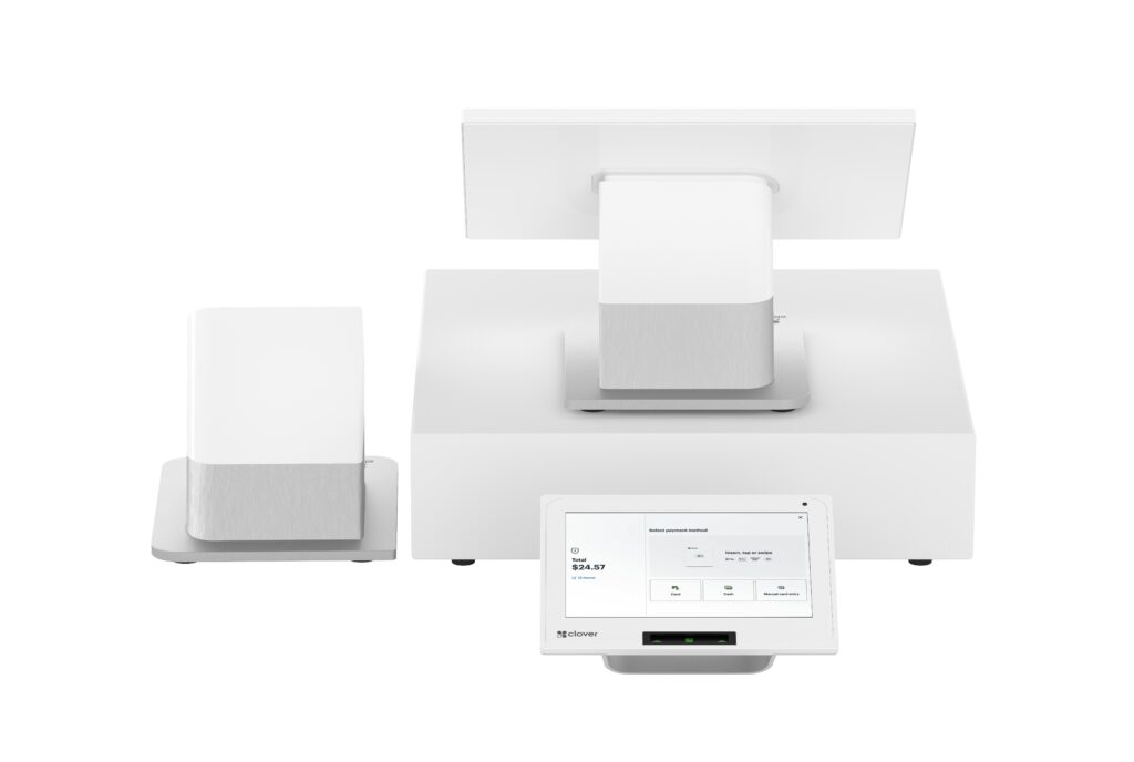 Clover Station Duo point-of-sale system with printer, cash drawer, and customer-facing display